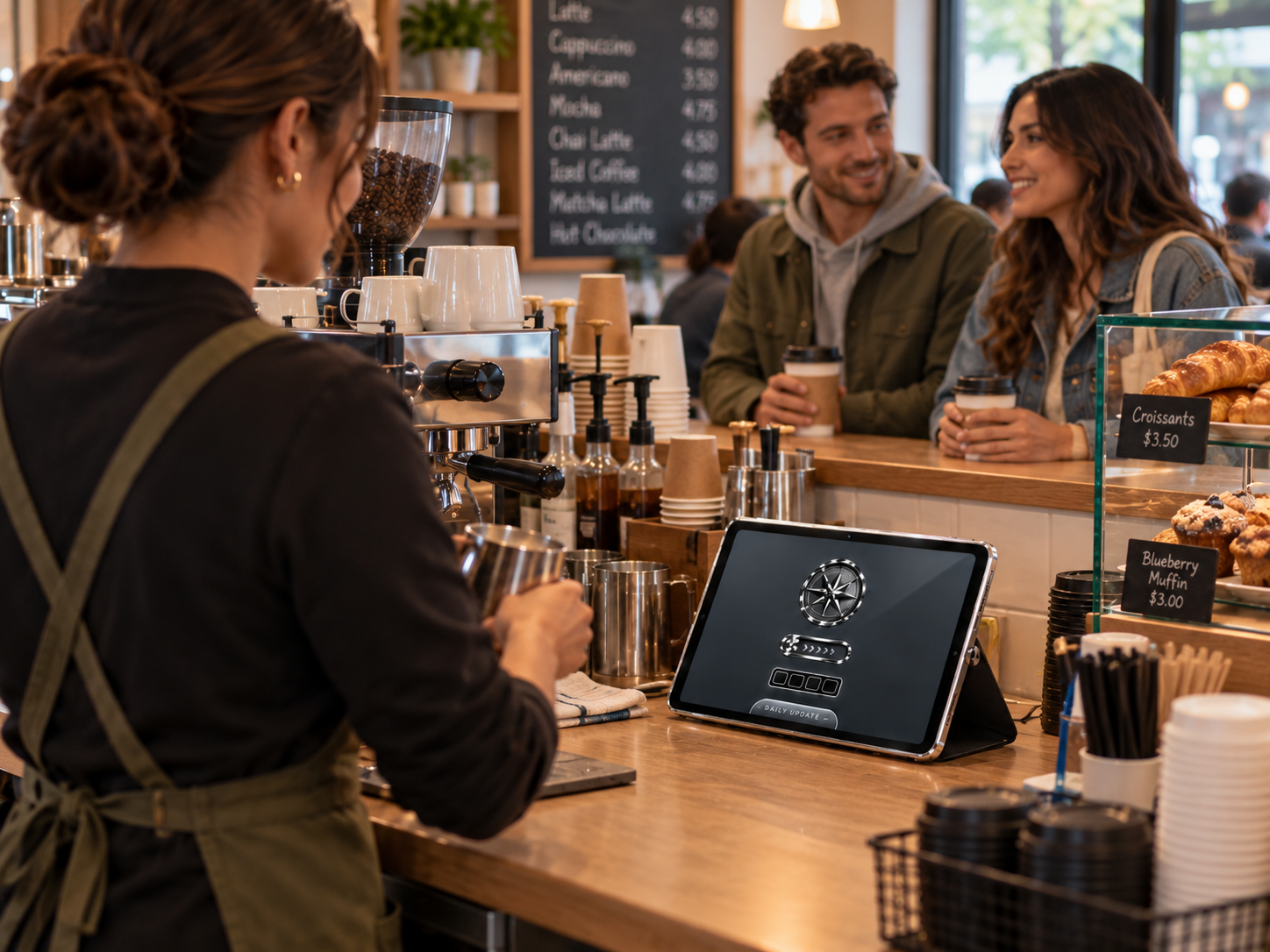 MAXX Pro tablet on a café counter while the owner serves customers